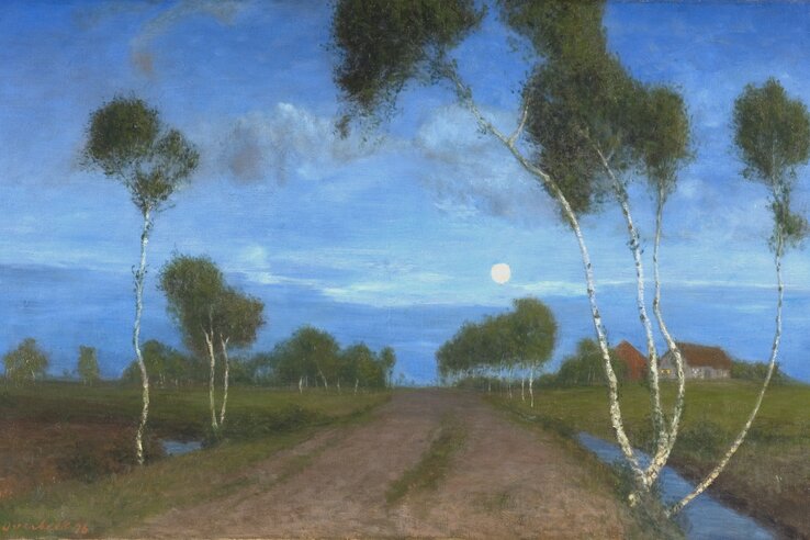 Moonlight over a rural landscape with birch trees, a path and a farmhouse in the background.