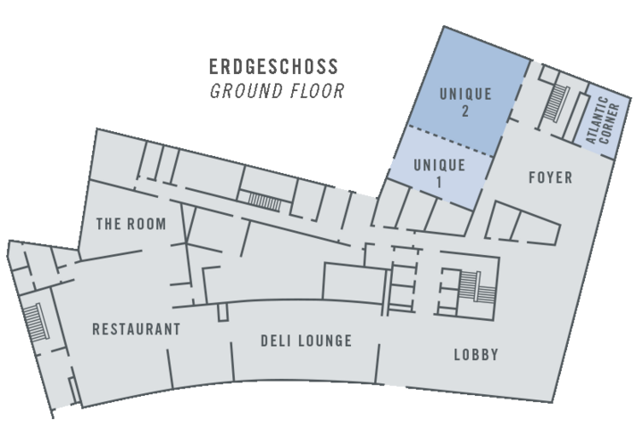 Grundriss Erdgeschoss des ATLANTIC Hotels Münster Grundriss des Erdgeschosses im ATLANTIC Hotel Münster mit Lobby, Restaurant, Deli Lounge und Veranstaltungsräumen.