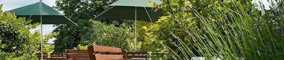 Bank und Pflanzen auf der Sonnenterrasse des ATLANTIC Hotel Vegesack in Bremen Sonnige Terrasse mit Holzmöbeln, grünen Pflanzen und Sonnenschirmen im ATLANTIC Hotel Vegesack, Bremen.