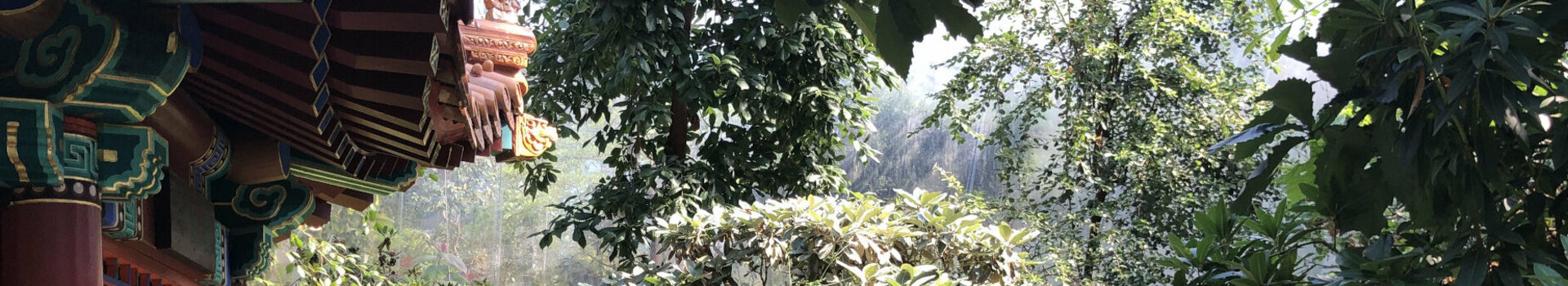 Traditioneller Pavillon neben einem üppigen, grünen Gartenweg mit Blumen und Bänken.