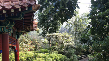 Traditional pavilion next to a lush, green garden path with flowers and benches.