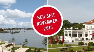 Zwei elegante Hotelgebäude am Wasser, eines modern, das andere klassisch, mit rotem Dach. Text: "Neu seit November 2015".