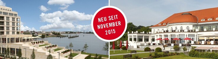 Neue Hotels der ATLANTIC Hotelgruppe in Travemünde und Wilhelmshaven Zwei elegante Hotelgebäude am Wasser, eines modern, das andere klassisch, mit rotem Dach. Text: "Neu seit November 2015".