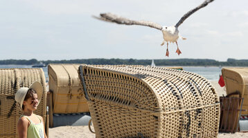 Ein Kind am Strand von Travemünde lächelt neben Strandkörben, während eine Möwe vorbeifliegt.