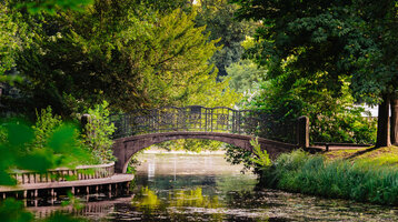 Steinbrücke über einen ruhigen Fluss, umgeben von üppigem Grün und Bäumen.