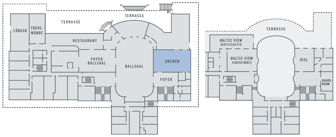 Veranstaltungsraum Bremen im ATLANTIC Grand Hotel Travemünde Grundriss des ATLANTIC Grand Hotel Travemünde mit Ballsaal, Restaurant und Tagungsräumen.