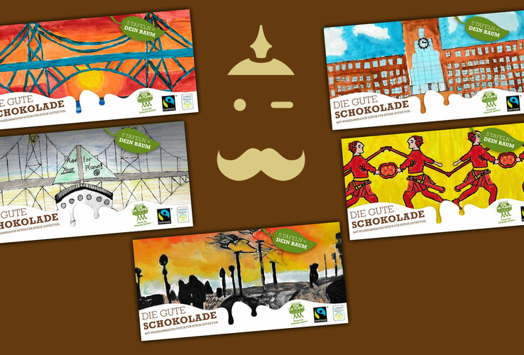 Illustrations of chocolate packaging with Wilhelmshaven motifs on a brown background.