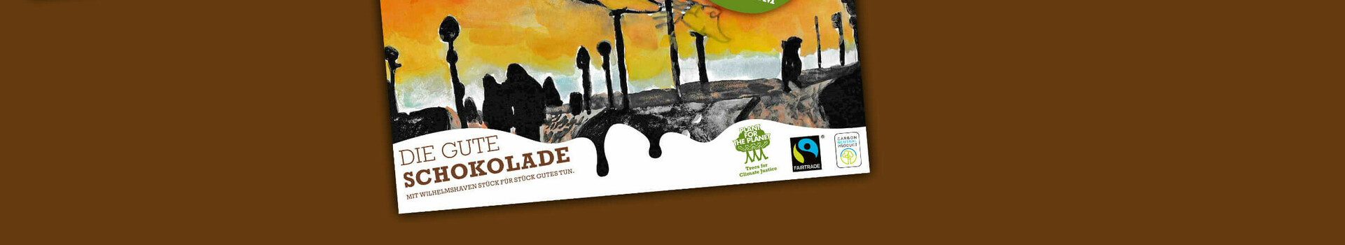 Illustrations of chocolate packaging with Wilhelmshaven motifs on a brown background.