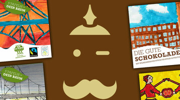 Illustrationen von Schokoladenverpackungen mit Wilhelmshavener Motiven auf braunem Hintergrund.