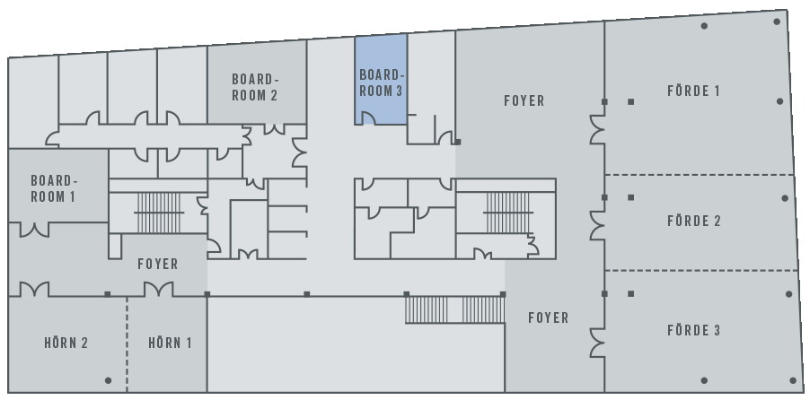 Grundriss des ATLANTIC Hotel Kiel: Tagungsräume, Foyer und Hörsäle, Boardroom 3 blau markiert.