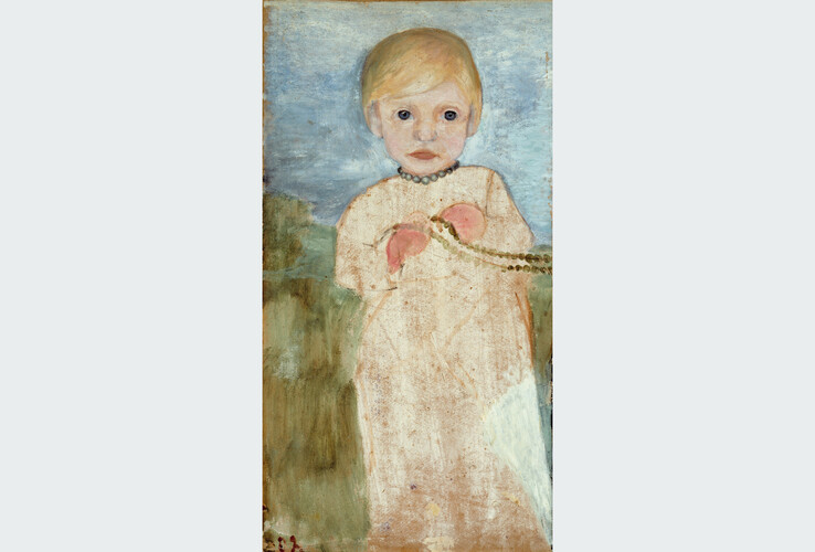 Gemälde eines Kindes mit blonden Haaren, das eine Perlenkette hält, vor einem blauen und grünen Hintergrund.