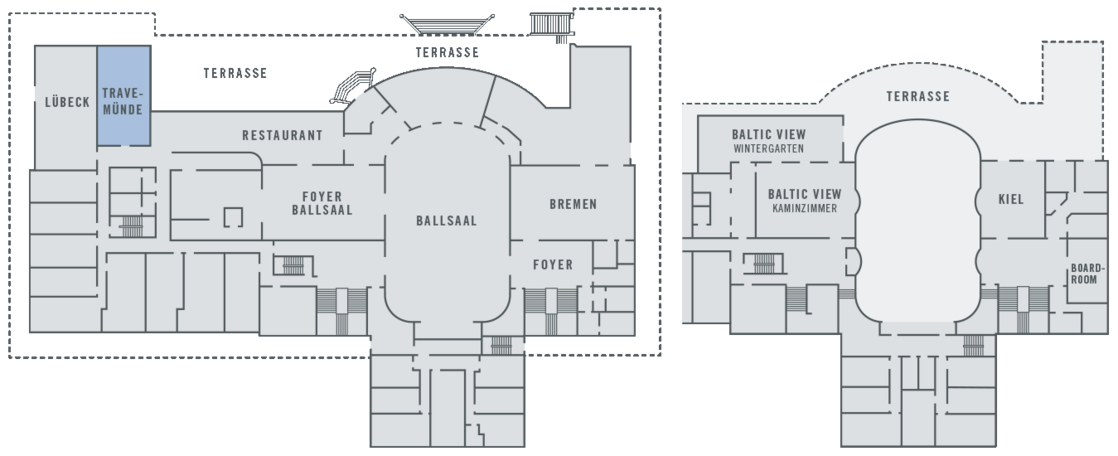 Function room Travemünde at the ATLANTIC Grand Hotel Travemünde Floor plan of the ATLANTIC Grand Hotel Travemünde with ballroom, restaurant, conference rooms and terrace.