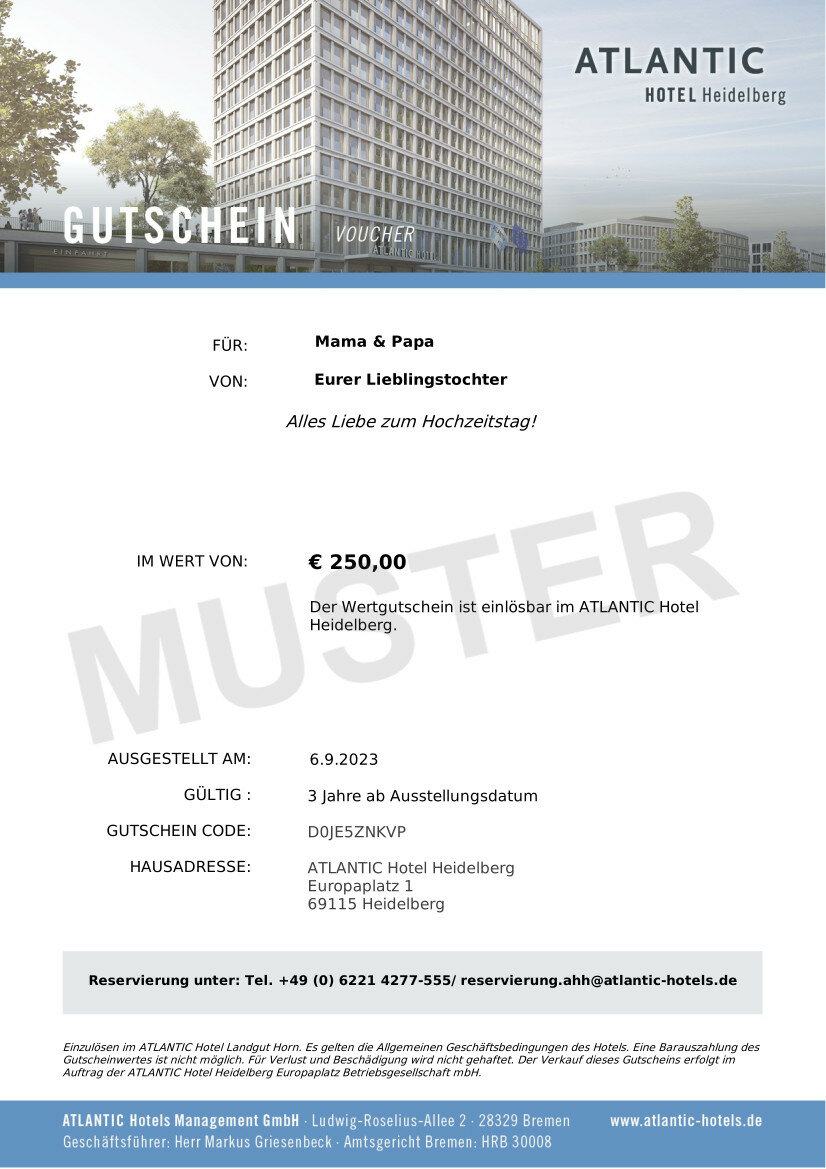 Hotel voucher ATLANTIC Hotel Heidelberg