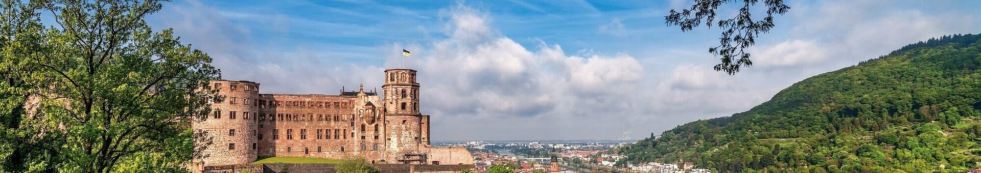 ATLANTIC Hotel Heidelberg Rahmenprogramm Header View of a historic castle and a town by the river, surrounded by green hills and trees under a blue sky.