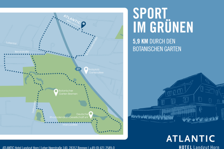 Karte zeigt 5,9 km Laufstrecke durch den Botanischen Garten Bremen, nahe dem Atlantic Hotel Landgut Horn.
