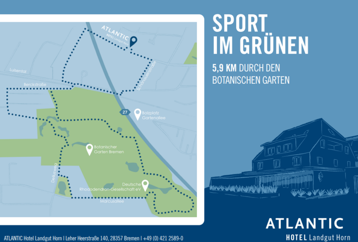 Karte zeigt 5,9 km Laufstrecke durch den Botanischen Garten Bremen, nahe dem Atlantic Hotel Landgut Horn.