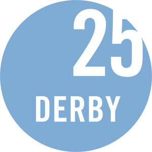 Blue circle with white number "25" and "DERBY" in capital letters underneath.