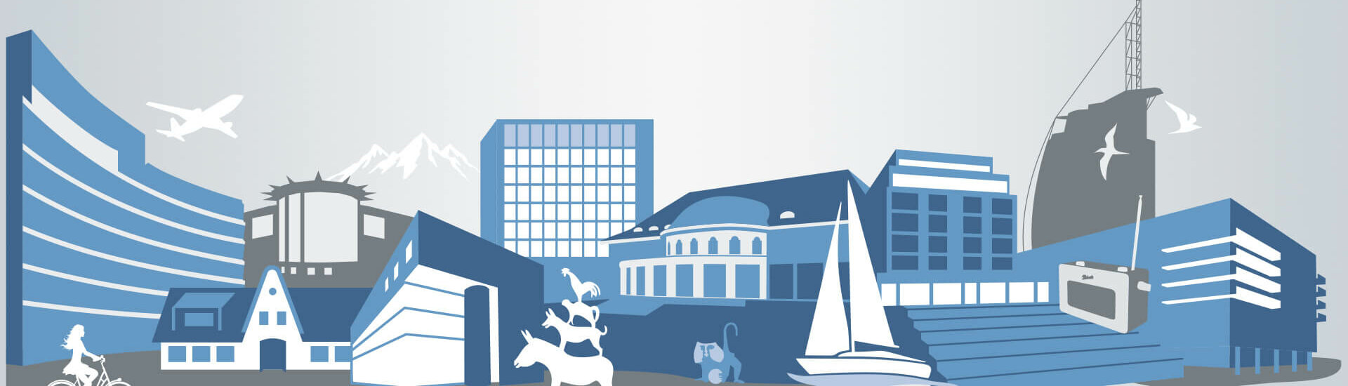 Stylized skyline with buildings, mountains, an airplane, a sailboat and a cyclist.