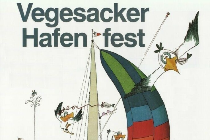 Illustration of a sailing boat with a colorful flag, surrounded by cheerful people and animals at the Vegesack Harbor Festival.