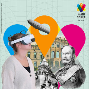 Frau mit VR-Brille vor historischem Gebäude, Luftschiff und Porträt eines Mannes, bunte Standortmarker im Hintergrund.