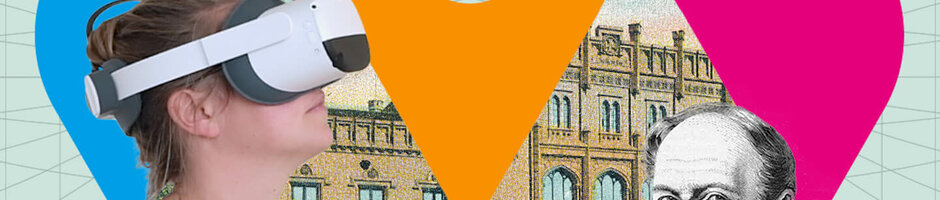 Frau mit VR-Brille vor historischem Gebäude, Luftschiff und Porträt eines Mannes, bunte Standortmarker im Hintergrund.