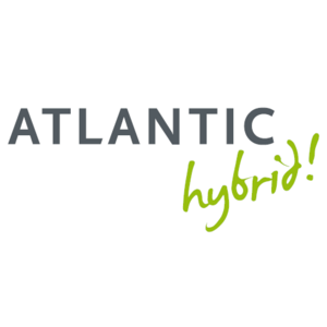 ATLANTIC hybrid Logo mit grauem Text "ATLANTIC" und grünem, handschriftlichem Text "hybrid!".