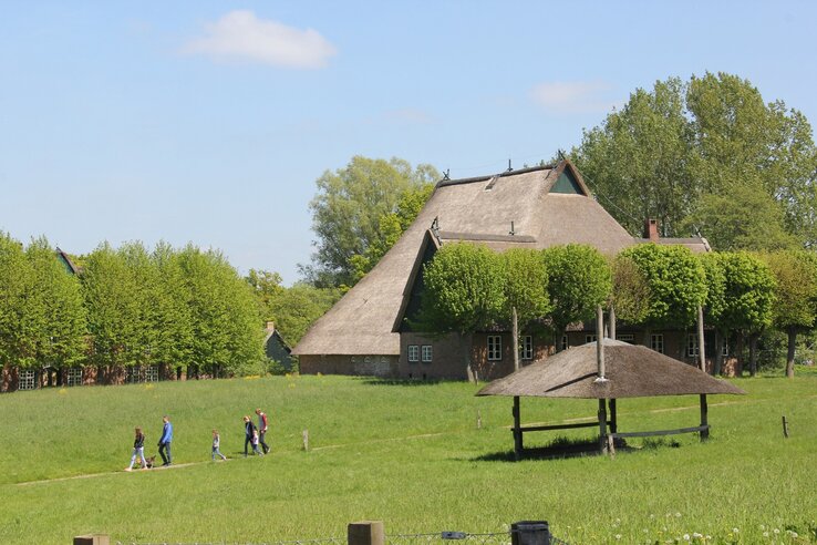 Historic thatched-roof house in a green landscape, walkers on a meadow, trees in the background.