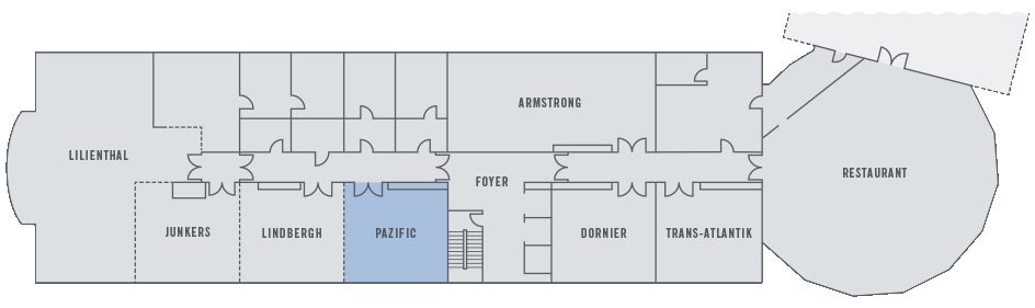 Grundriss des ATLANTIC Hotel Airport Bremen mit Konferenzräumen, Foyer und Restaurant. Räume: Lilienthal, Junkers, Lindbergh, Pazific.