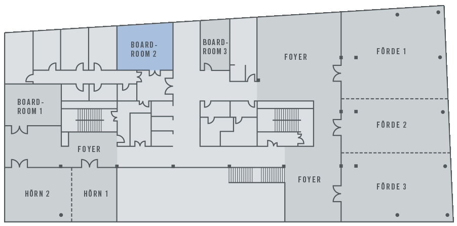 Grundriss des ATLANTIC Hotel Kiel mit Foyers, Boardrooms und Förde-Räumen, Boardroom 2 ist hervorgehoben.