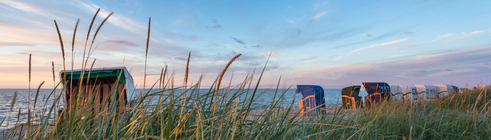 Strandkörbe am Meer bei Sonnenuntergang, umgeben von hohem Gras unter blauem Himmel.