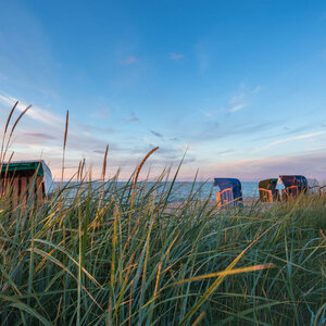Strandkörbe am Meer bei Sonnenuntergang, umgeben von hohem Gras unter blauem Himmel.