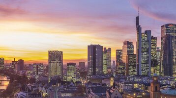 The Frankfurt skyline at sunset.