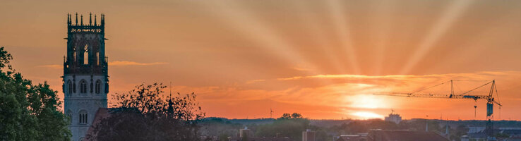 Sunset over Münster with church tower, trees and a crane in the foreground.
