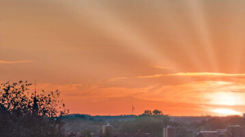 Sunset over Münster with church tower, trees and a crane in the foreground.