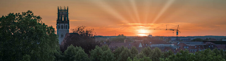 Sonnenuntergang über Münster mit Kirchturm, Bäumen und einem Kran im Vordergrund.