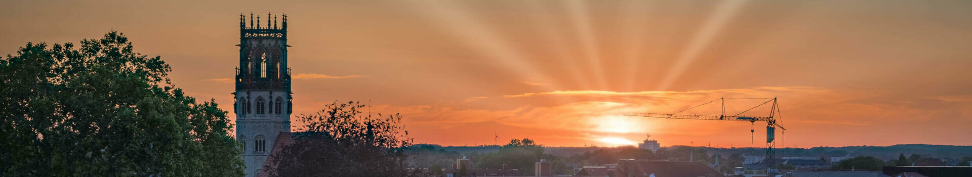 Sonnenuntergang über Münster mit Kirchturm, Bäumen und einem Kran im Vordergrund.