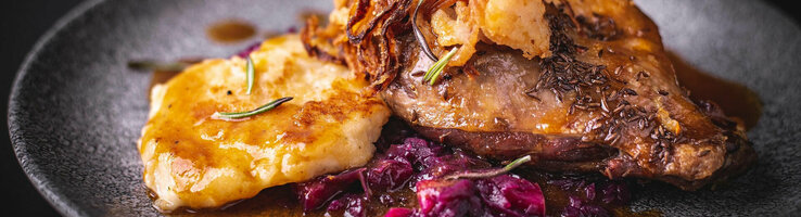 Nahaufnahme eines Stücks Gänsebraten mit Rotkohl und Sauce auf einem dunklen Teller