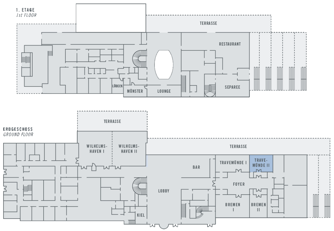 Floor plan of the ATLANTIC Hotel Wilhelmshaven: first floor and 1st floor with terraces, restaurant, bar and conference rooms.