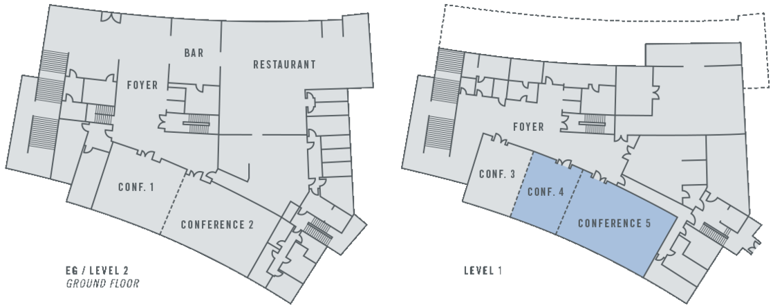 Grundriss des ATLANTIC Hotel Lübeck: Erdgeschoss mit Bar, Restaurant, Foyer und Konferenzräumen; Obergeschoss Konferenzräume.