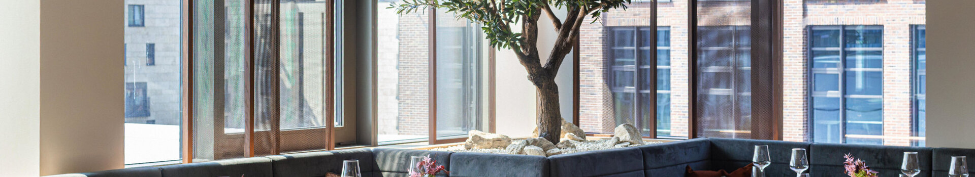 The 4FRANK restaurant, with its floor-to-ceiling windows and a tree inside the restaurant.
