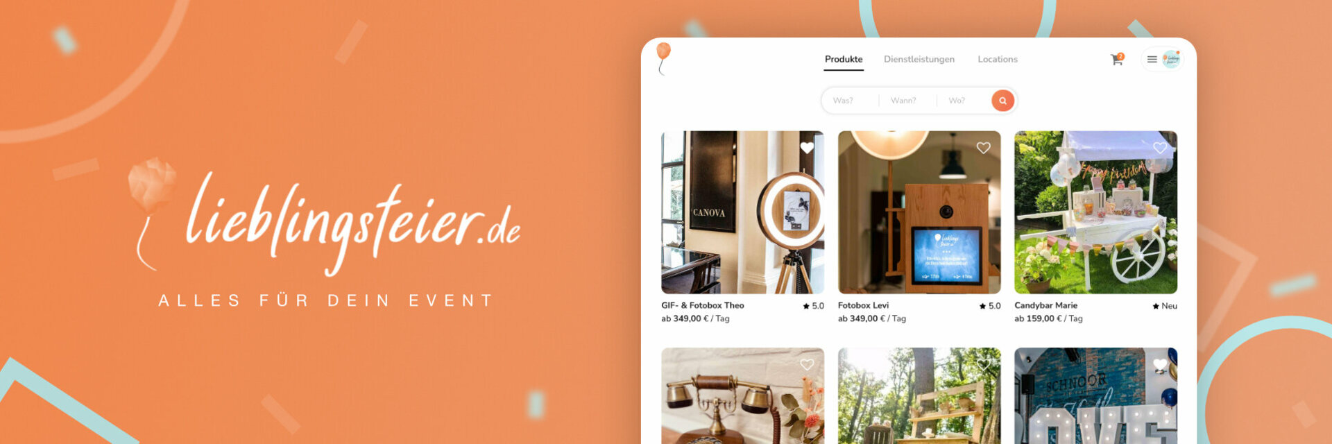 Event-Webseite mit orangenem Hintergrund, Produktbildern von Fotoboxen und Candybar, Text: "lieblingsfeier.de - Alles für dein Event".