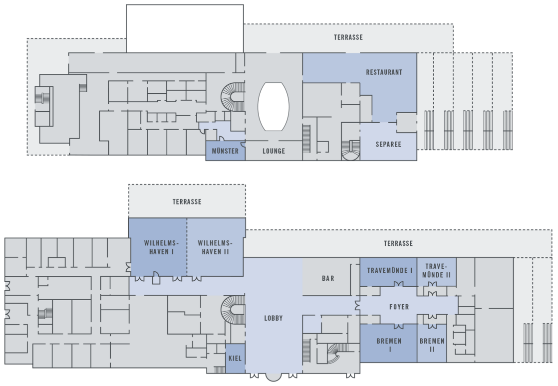 Grundriss des ATLANTIC Hotel Wilhelmshaven mit markierten Tagungsräumen, Restaurant, Lounge, Bar und Terrassen.