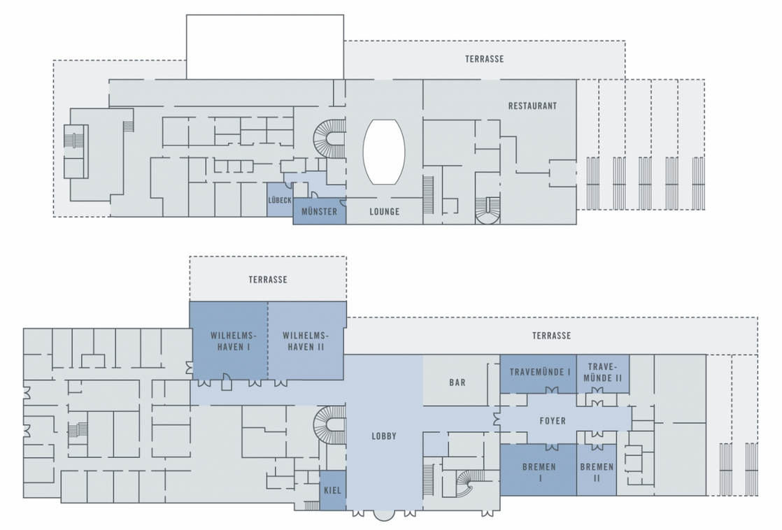 Grundriss des ATLANTIC Hotel Wilhelmshaven mit markierten Tagungsräumen, Restaurant, Lounge, Bar und Terrassen.