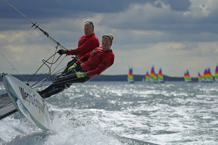 Zwei Segler in roten Jacken auf einem sportlichen Segelboot auf stürmischer Ostsee, bunte Segel im Hintergrund.