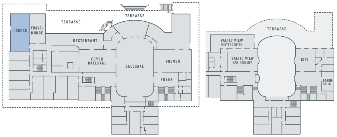 Function room Lübeck at the ATLANTIC Grand Hotel Travemünde Floor plan of the ATLANTIC Grand Hotel Travemünde with ballroom, restaurant, foyers, terraces and conference rooms.
