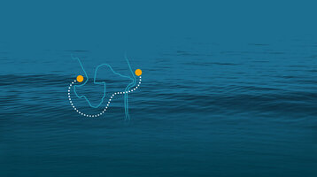 Blaue Meeresoberfläche mit weißen Punkten und gelben Kreisen, die eine abstrakte Linie bilden.