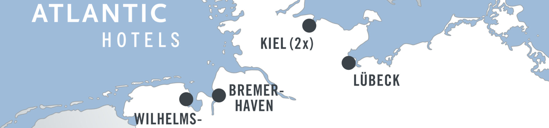 Map of Northern Germany with hotel locations: Sylt, Kiel, Lübeck, Wilhelmshaven, Bremerhaven, Bremen.