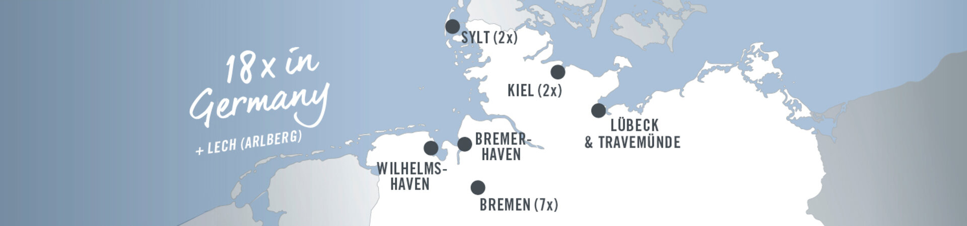 Map of Northern Germany with hotel locations: Sylt, Kiel, Lübeck, Wilhelmshaven, Bremerhaven, Bremen.