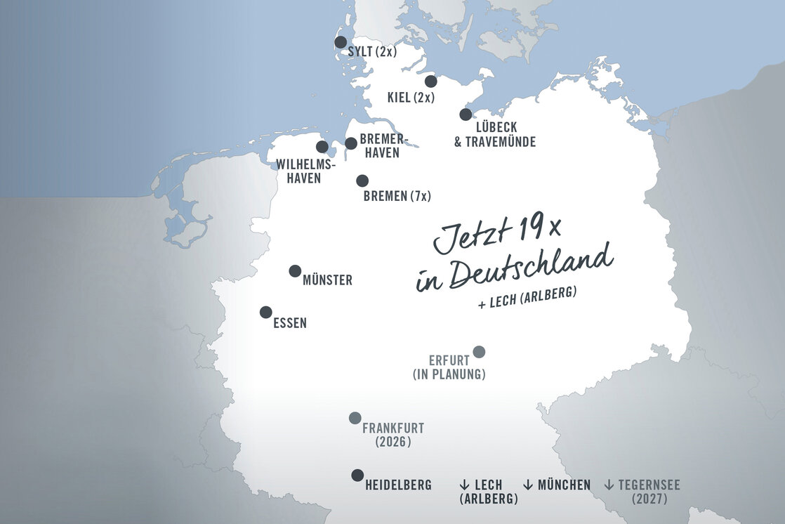 ATLANTIC Hotels - 18 x in Deutschland Karte von Deutschland mit 19 Hotelstandorten, darunter Sylt, Kiel, Lübeck, Bremen, Münster, Essen, Erfurt und München.