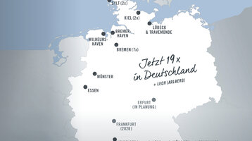 ATLANTIC Hotels – 19 Mal in Deutschland Karte von Deutschland mit 19 Hotelstandorten, darunter Sylt, Kiel, Lübeck, Bremen, Münster, Essen, Erfurt und München.